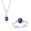 Thumbnail Image 0 of Oval Amethyst and Lab-Created White Sapphire Tri-Sides Pendant and Ring Set in Sterling Silver - Size 7