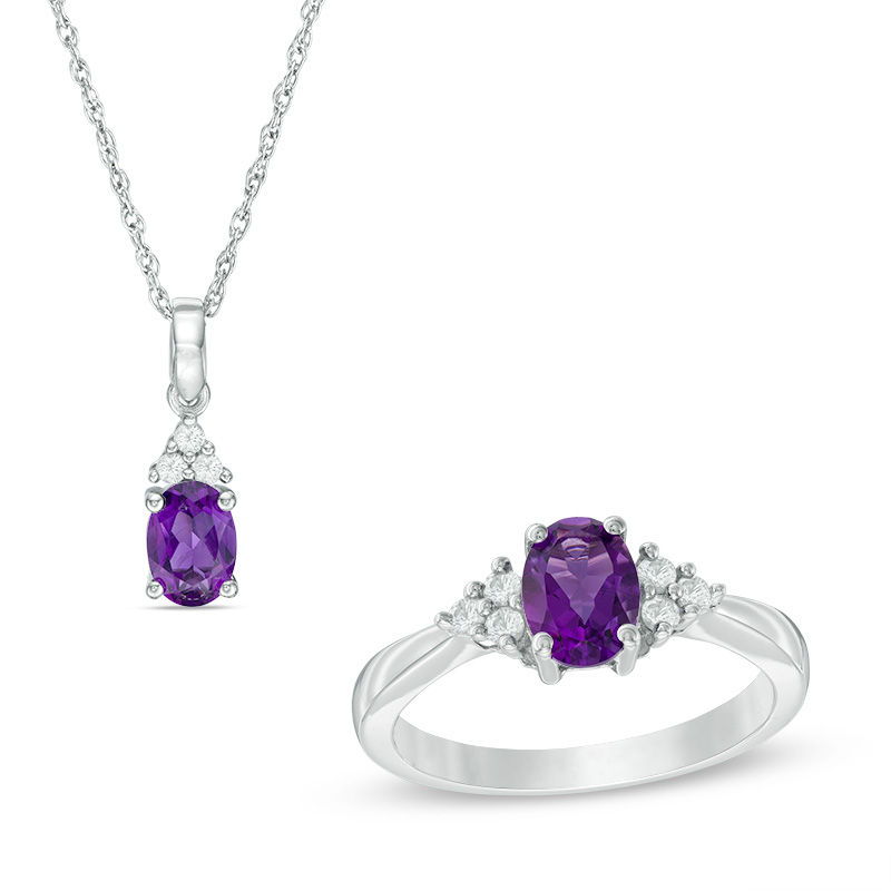 Oval Amethyst and Lab-Created White Sapphire Tri-Sides Pendant and Ring Set in Sterling Silver - Size 7