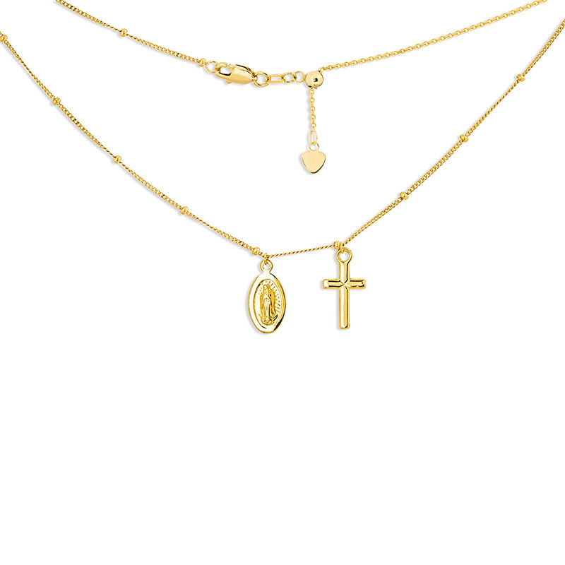 Virgin Mary and Cross Dangle Charm Bead Choker Necklace in 14K Gold - 16"