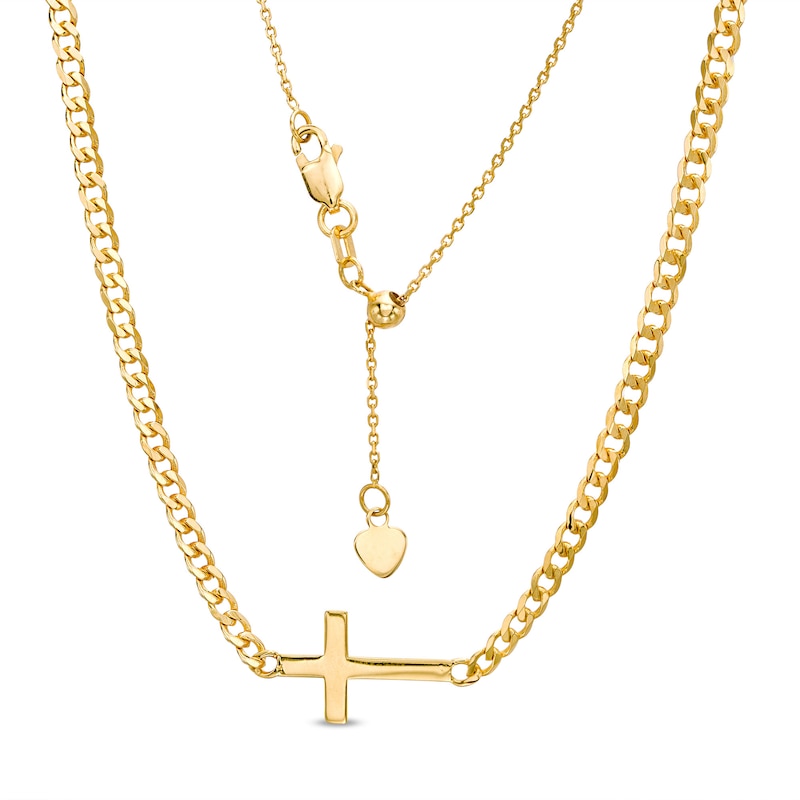 Sideways Cross Curb Chain Choker Necklace in 14K Gold - 17"