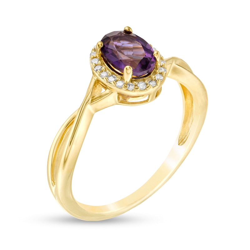 Oval Amethyst and 1/15 CT. T.W. Diamond Frame Twist Shank Ring in 10K Gold