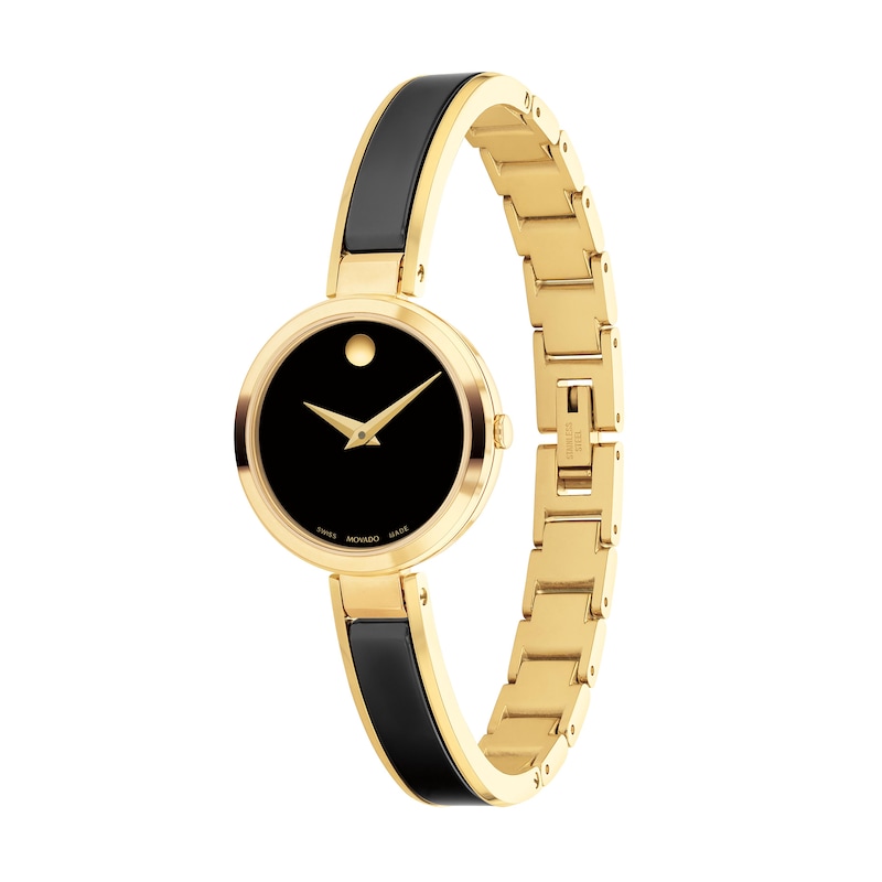 Ladies' Movado Moda Two-Tone PVD Ceramic Bangle Watch with Black Dial (Model: 0607714)