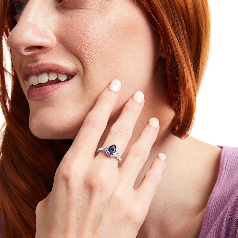 Pear-Shaped Amethyst and White Lab-Created Sapphire Frame Split Shank Ring in Sterling Silver