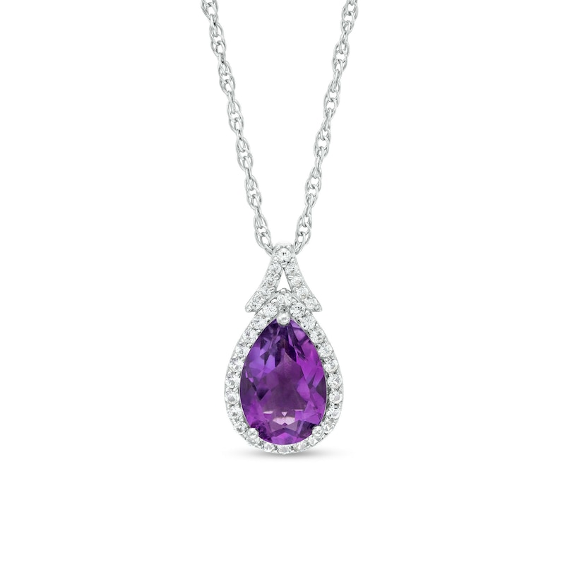 Pear-Shaped Amethyst and White Lab-Created Sapphire Frame Split Bail Pendant in Sterling Silver