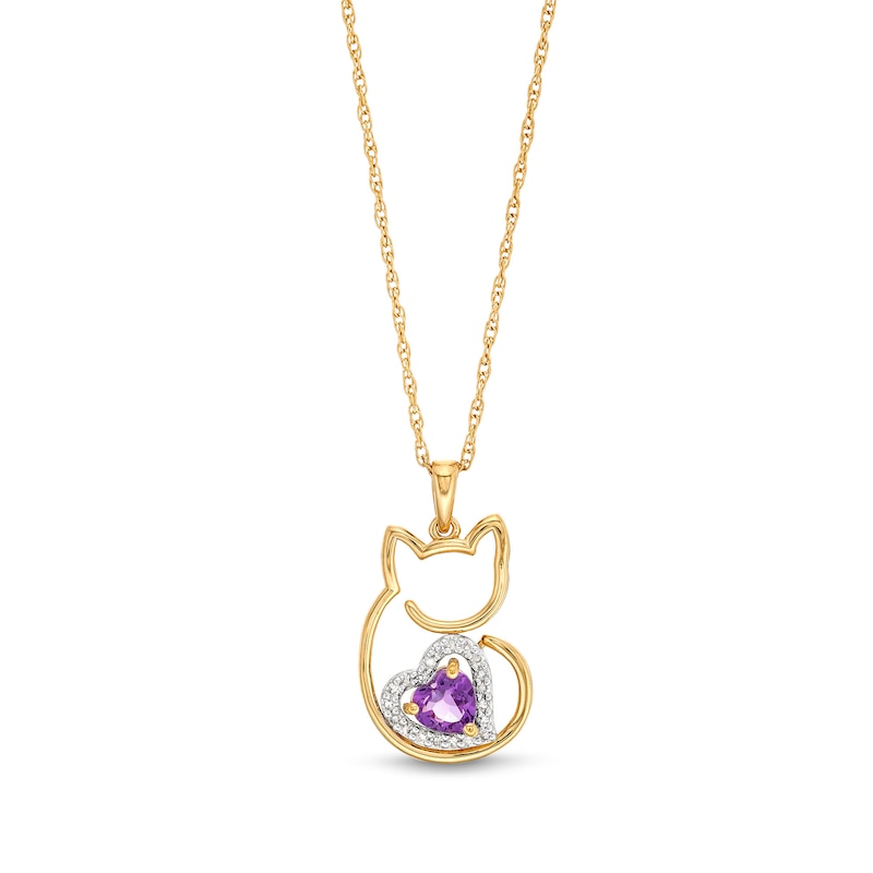 Heart-Shaped Amethyst and 1/10 CT. T.W. Diamond Kitten Pendant in Sterling Silver with 14K Gold Plate