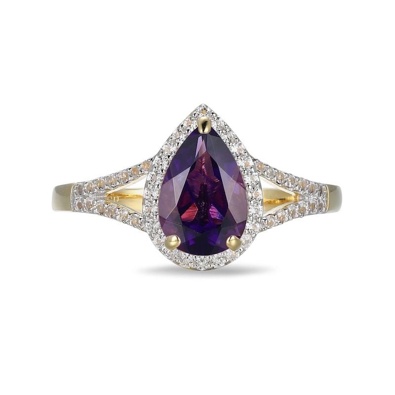 Pear-Shaped Amethyst and White Lab-Created Sapphire Frame Ring in Sterling Silver with 18K Gold Plate
