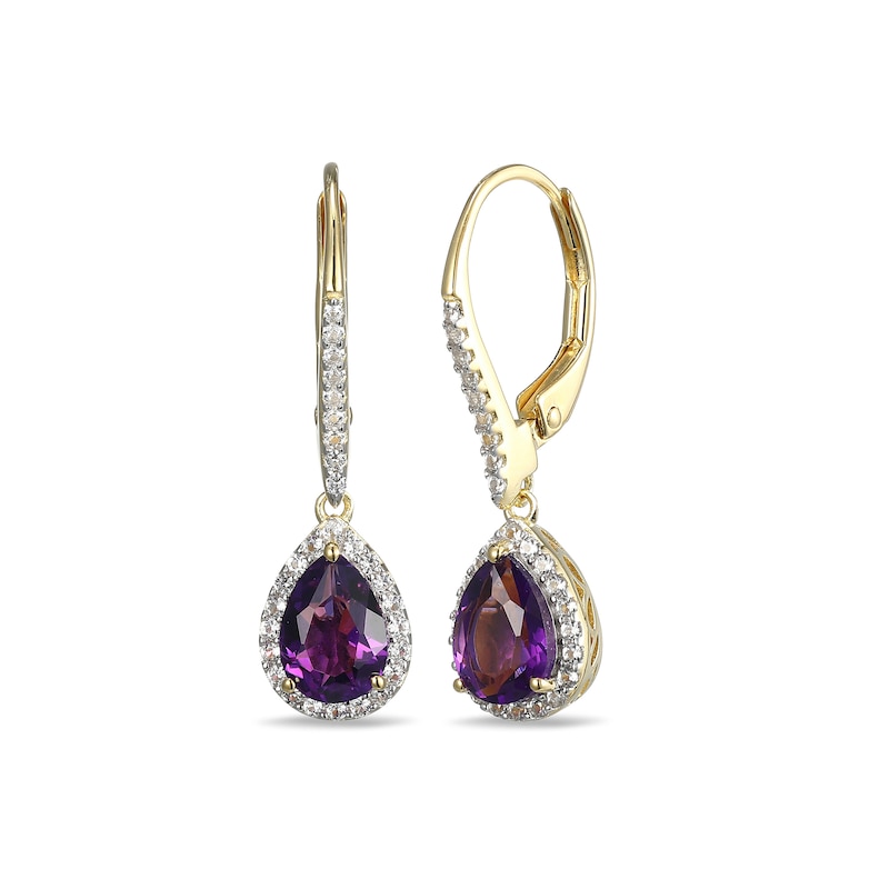 Pear-Shaped Amethyst and White Lab-Created Sapphire Frame Drop Earrings in Sterling Silver with 18K Gold Plate