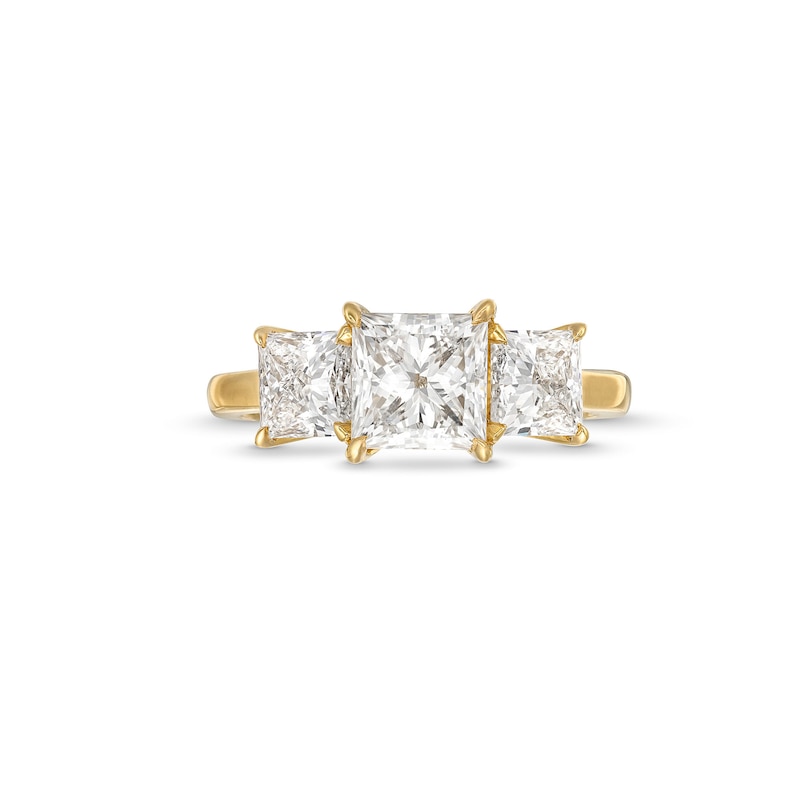 3 CT. T.W. Princess-Cut Certified Lab-Created Diamond Three-Stone Engagement Ring in 14K Gold (F/VS2)