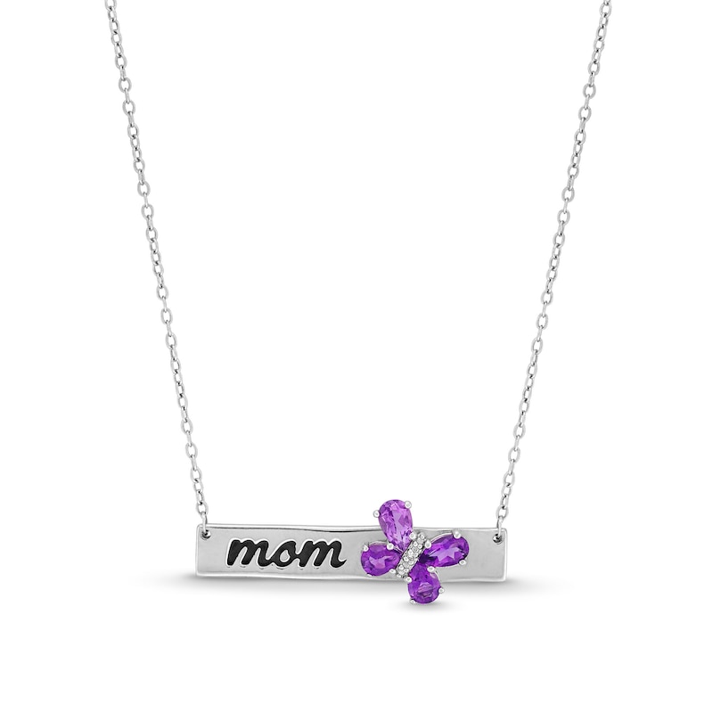 Pear-Shaped Amethyst and Diamond Accent "mom" Butterfly Bar Necklace in Sterling Silver