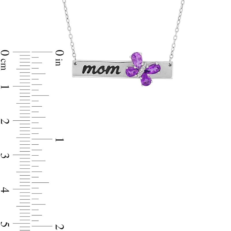 Pear-Shaped Amethyst and Diamond Accent "mom" Butterfly Bar Necklace in Sterling Silver